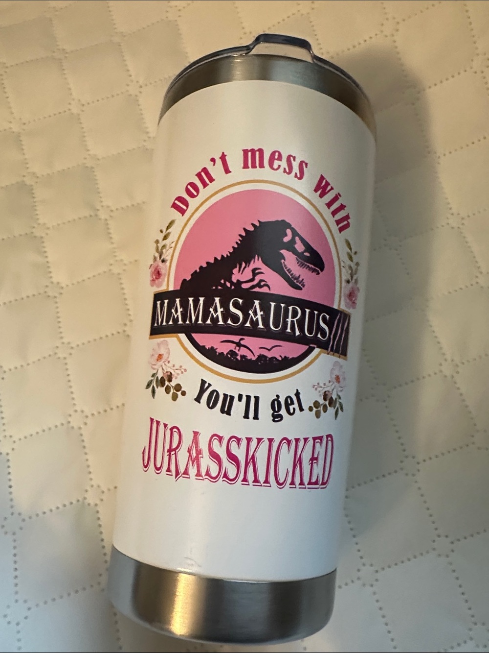 Mamasaurus Stainless Tumbler - White & Pink